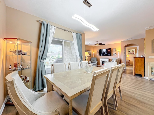 dining space with ceiling fan and wood-type flooring