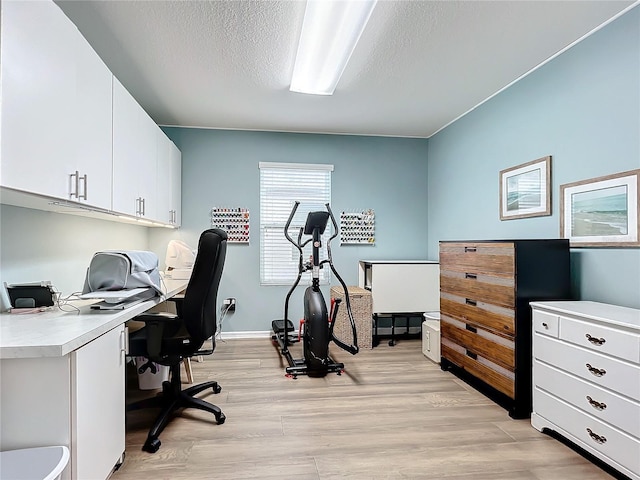 office featuring light hardwood / wood-style floors and a textured ceiling