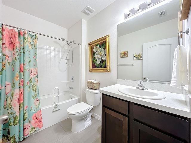 full bathroom featuring vanity, tile patterned flooring, shower / bathtub combination with curtain, and toilet