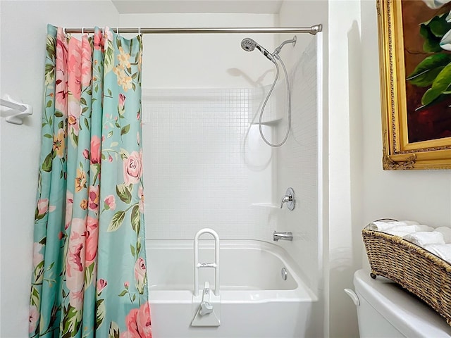 bathroom featuring toilet and shower / bathtub combination with curtain