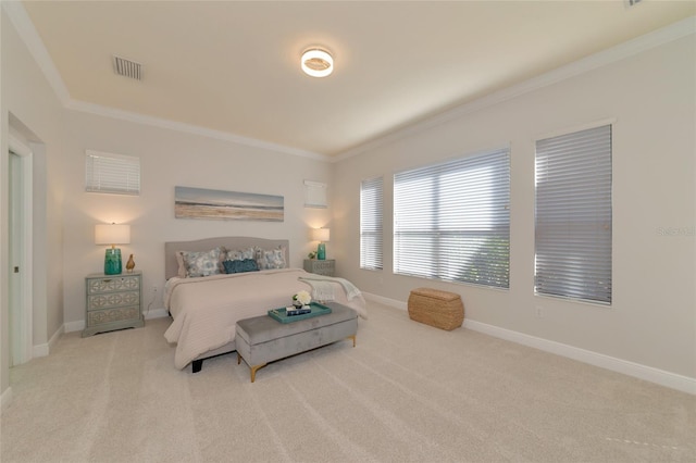 bedroom featuring light colored carpet and crown molding