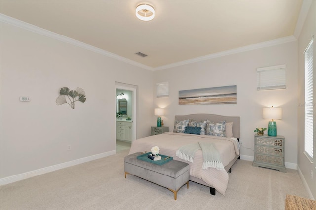 carpeted bedroom featuring crown molding, connected bathroom, and multiple windows