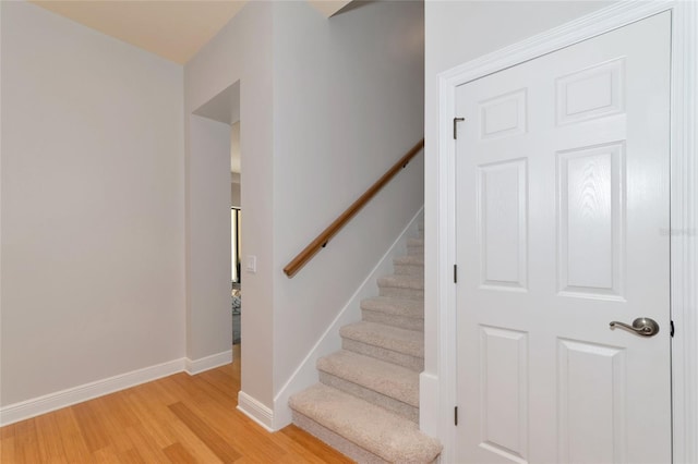 stairway with hardwood / wood-style floors