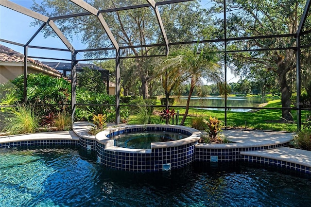 view of pool featuring an in ground hot tub, a water view, glass enclosure, and central air condition unit