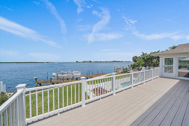 wooden deck with a water view and a dock