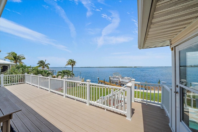 wooden terrace with a boat dock and a water view