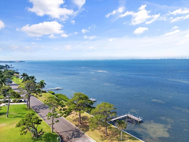 birds eye view of property featuring a water view