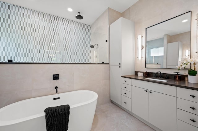 bathroom with vanity, tile walls, and independent shower and bath