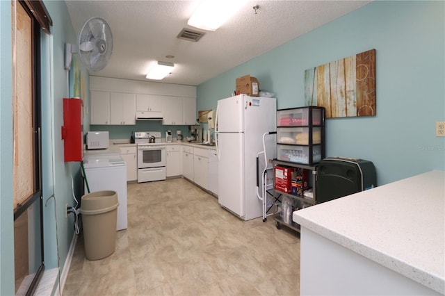 kitchen with a textured ceiling, white appliances, ventilation hood, and white cabinetry