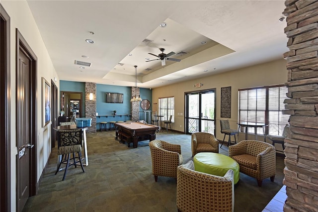 1020 Tidewater Shores Loop Unit 108, Bradenton, FL 34208 - playroom featuring pool table, a raised ceiling, a ceiling fan, and recessed lighting
