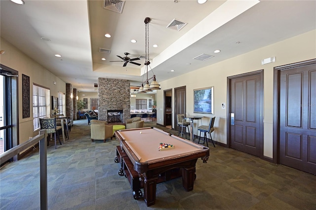 1020 Tidewater Shores Loop Unit 108, Bradenton, FL 34208 - rec room with carpet flooring, recessed lighting, ceiling fan, billiards, and a fireplace