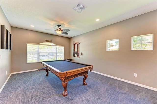 recreation room featuring dark colored carpet, a textured ceiling, ceiling fan, and billiards