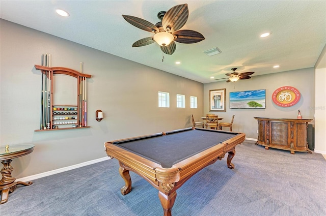 recreation room featuring carpet flooring, ceiling fan, a textured ceiling, and billiards