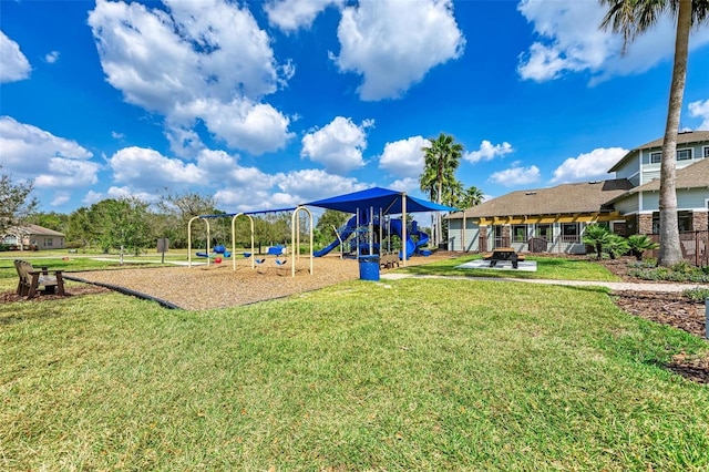 view of jungle gym featuring a yard