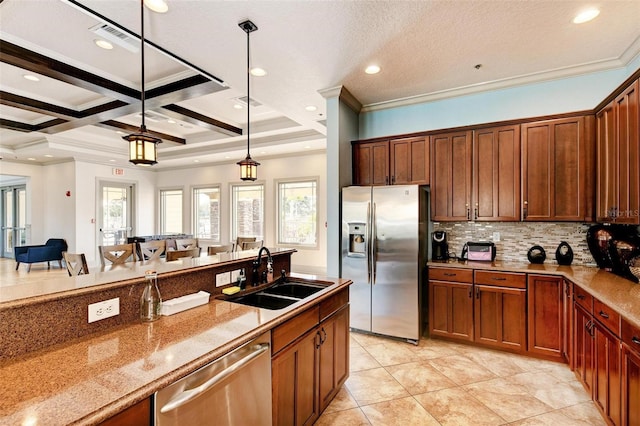 kitchen with coffered ceiling, stainless steel appliances, sink, beamed ceiling, and hanging light fixtures