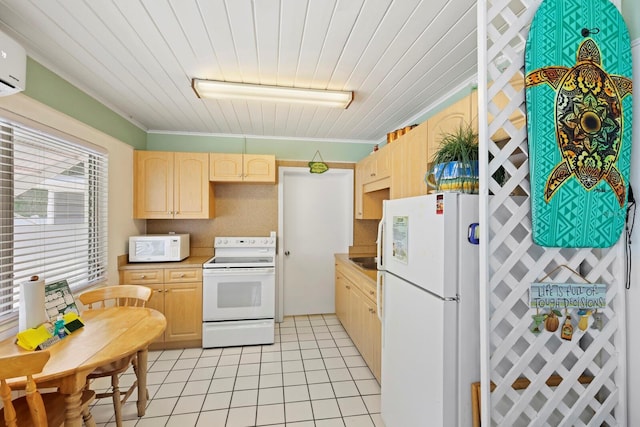 kitchen featuring light brown cabinetry, white appliances, light tile patterned floors, and crown molding