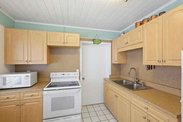 kitchen with white appliances, crown molding, sink, light brown cabinetry, and tasteful backsplash