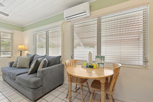 living room featuring light tile patterned floors, an AC wall unit, ornamental molding, and wooden ceiling