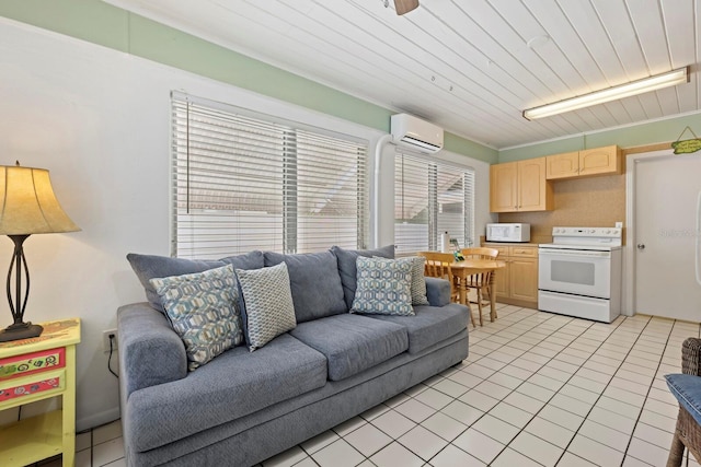 living room with an AC wall unit, ornamental molding, light tile patterned floors, and wooden ceiling