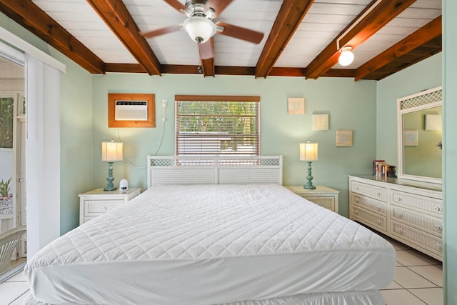 bedroom with an AC wall unit, ceiling fan, light tile patterned floors, and beam ceiling