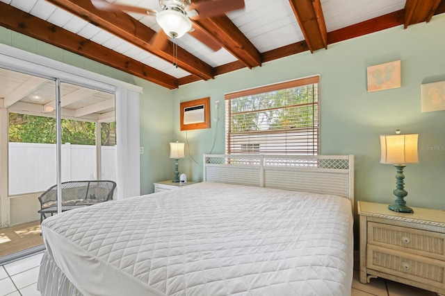 bedroom featuring access to exterior, multiple windows, ceiling fan, and light tile patterned flooring