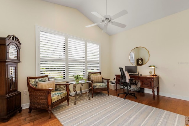 office space featuring hardwood / wood-style flooring, ceiling fan, and lofted ceiling