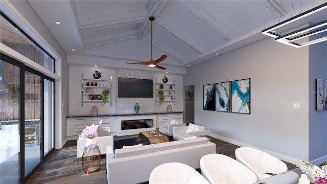 living room featuring vaulted ceiling with beams, built in shelves, ceiling fan with notable chandelier, and dark hardwood / wood-style floors