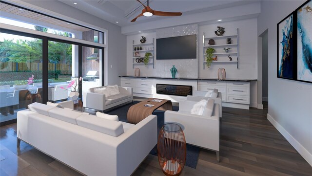 living room with ceiling fan, dark hardwood / wood-style flooring, and built in features