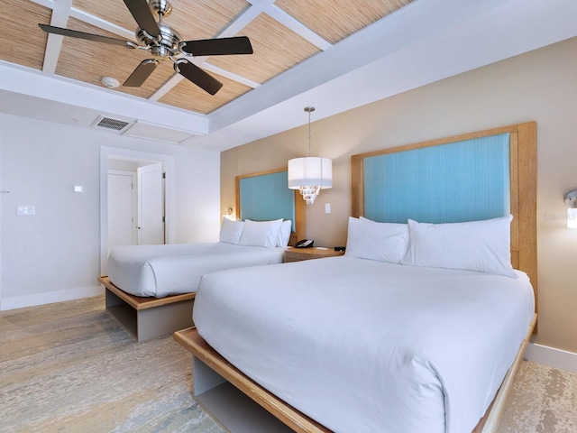 bedroom featuring hardwood / wood-style flooring, ceiling fan, and wood ceiling