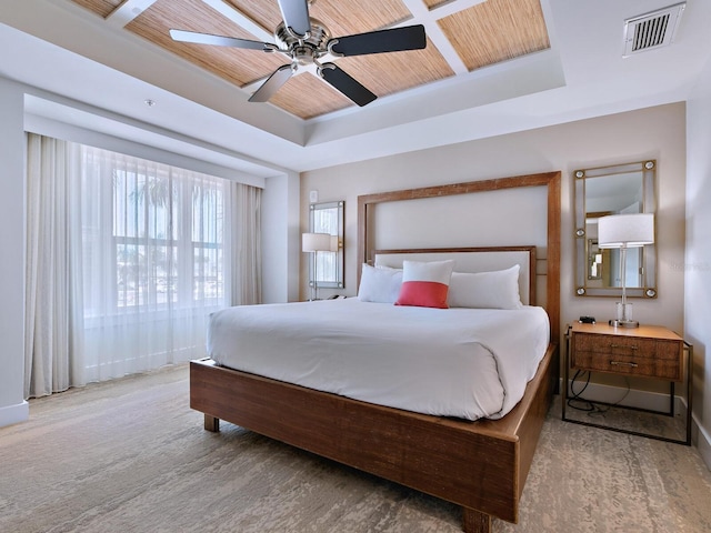 bedroom featuring a raised ceiling, ceiling fan, wooden ceiling, and coffered ceiling