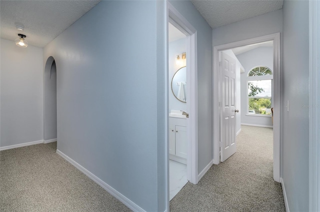 hall featuring light carpet, a textured ceiling, and sink