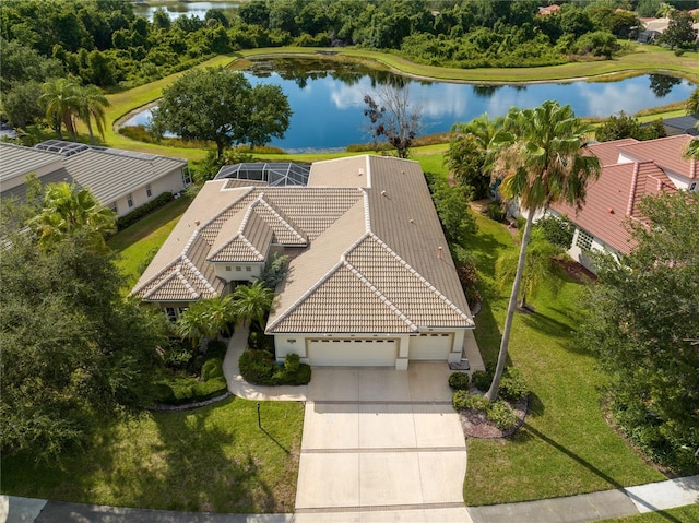 drone / aerial view featuring a water view