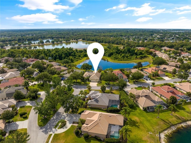 drone / aerial view featuring a water view