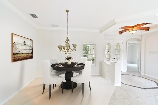 dining room with ceiling fan with notable chandelier, crown molding, and light tile patterned flooring