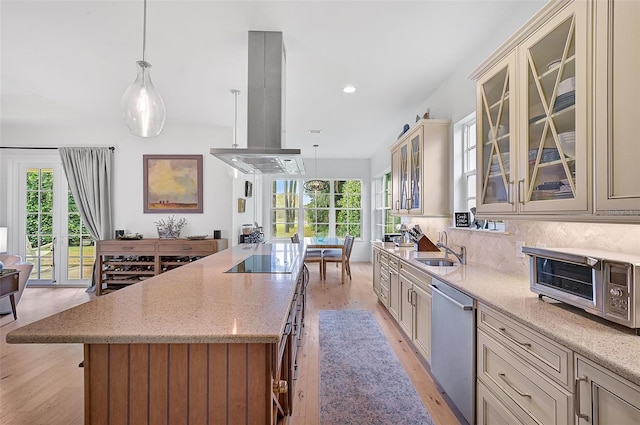 kitchen with stainless steel dishwasher, island range hood, a kitchen island, and pendant lighting