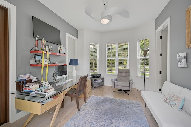 office area featuring ceiling fan and light hardwood / wood-style floors