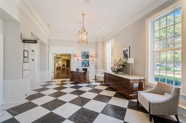 welcome area featuring an inviting chandelier