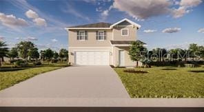 view of front of property with a front yard and a garage