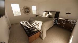 bedroom with light colored carpet