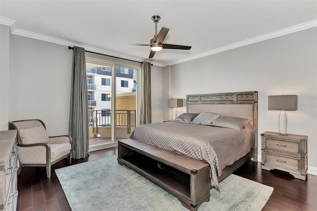 bedroom featuring access to outside, ceiling fan, crown molding, and dark wood-type flooring