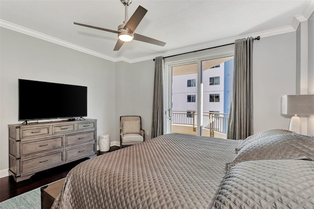 bedroom with access to exterior, ceiling fan, dark hardwood / wood-style floors, and ornamental molding