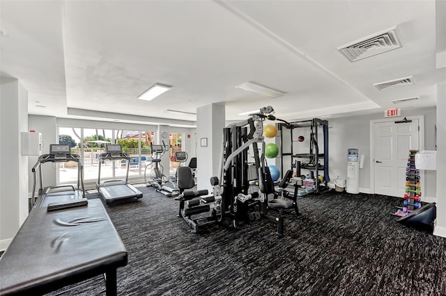 workout area with a tray ceiling and carpet