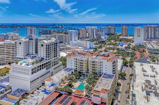 drone / aerial view with a water view