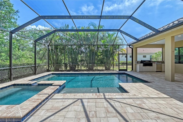 view of swimming pool with a lanai, area for grilling, an in ground hot tub, and a patio area