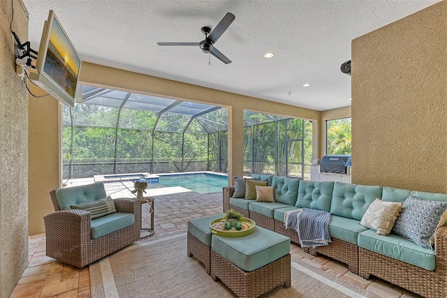 sunroom / solarium featuring ceiling fan, cooling unit, and a pool