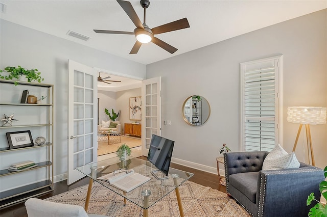 office area with french doors and dark hardwood / wood-style floors