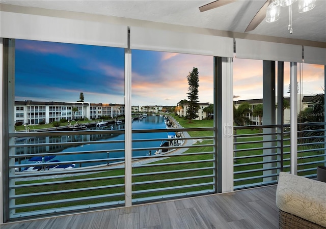 interior space featuring a water view