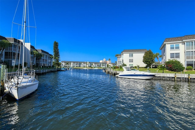 view of water feature with a boat dock