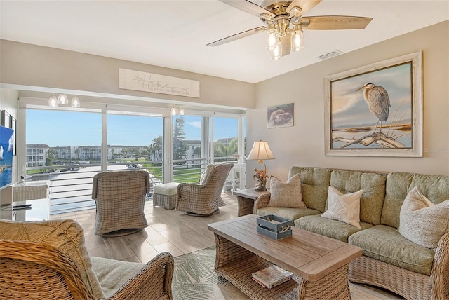 living room featuring ceiling fan