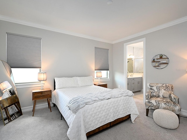 bedroom with light carpet, ensuite bath, and crown molding